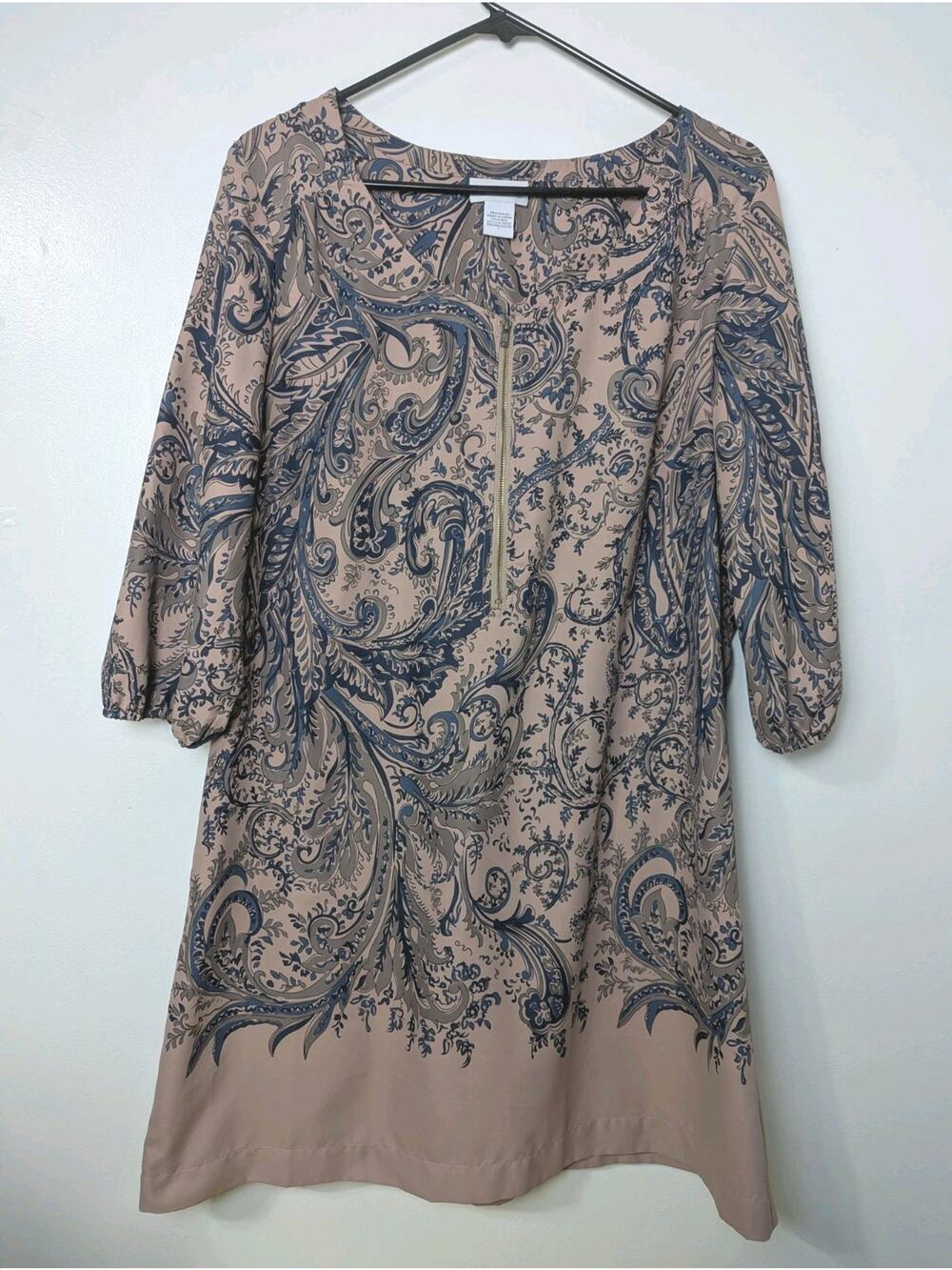 Soft Surroundings Shirt Dress Size L Paisley Zip Front Elastic Cuffs V-neck 35"L